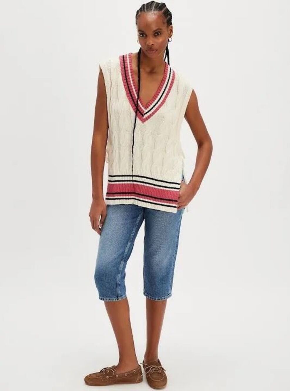 Free People Coastal Prep Poncho Cable Knit Sweater Vest Ivory Red Navy Side Tie